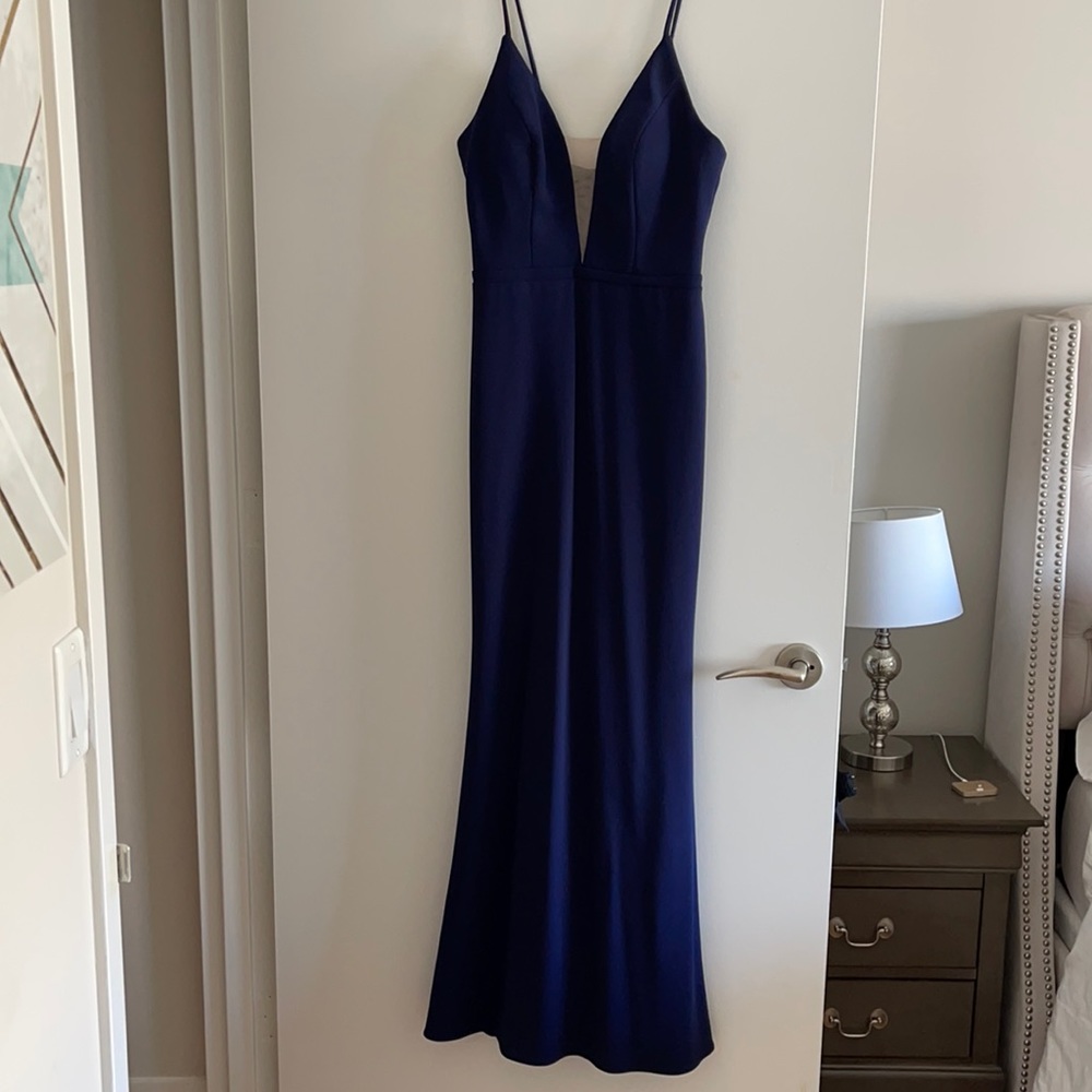 Long solid navy dress, perfect for black tie wedding or event.